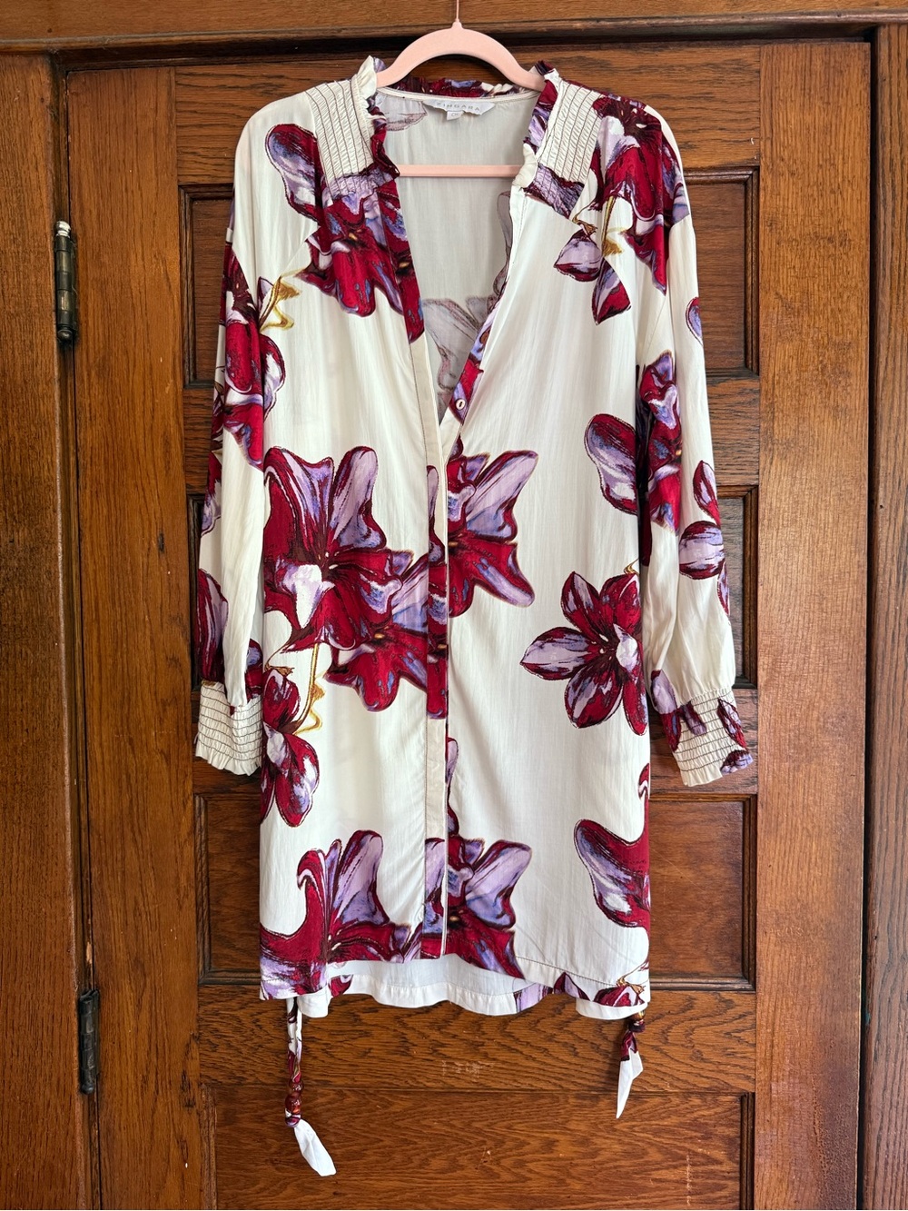 ZINGARA Floral Tropical Tunic Dress Long Sleeve Waist Tie Button Down Resortwear - Picture 2 of 8
